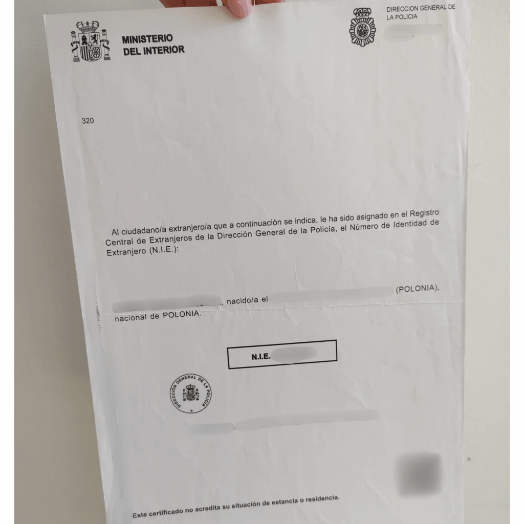 Białe NIE - potwierdzenie nadania numeru NIE